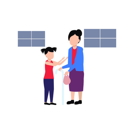 The child is helping the old woman.のイラスト素材