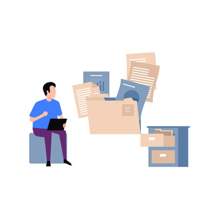 The boy is looking at the documents.のイラスト素材