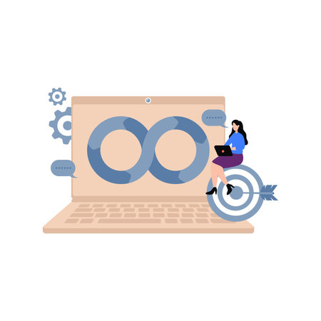 The girl is working on analysis on laptop.のイラスト素材