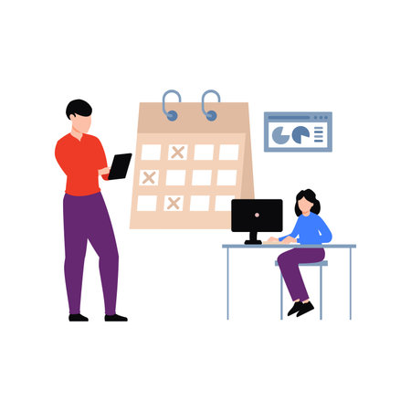 Boy and girl working on monitor.のイラスト素材