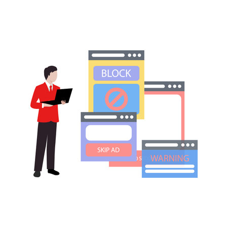 Guy is working on ad block popup on laptop.のイラスト素材