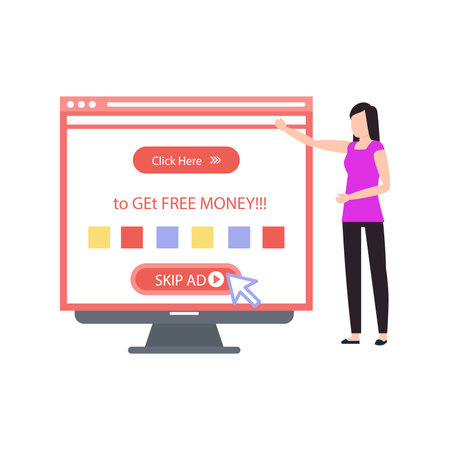 Girl pointing click here to get free money on monitor.のイラスト素材