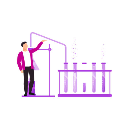 Boy showing test tubes with chemicals.のイラスト素材