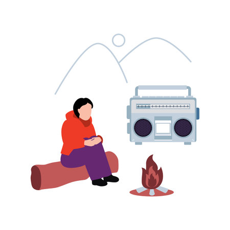 Boy listening to radio outdoors.のイラスト素材