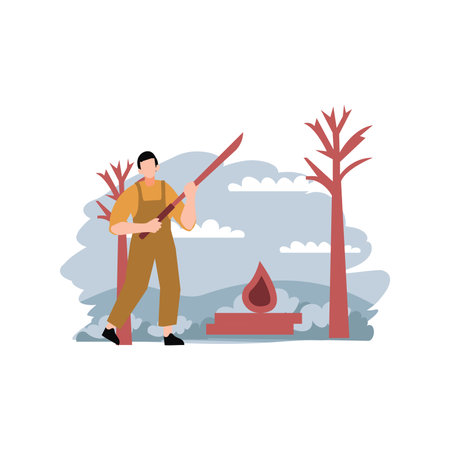 The boy is cutting the tree.のイラスト素材