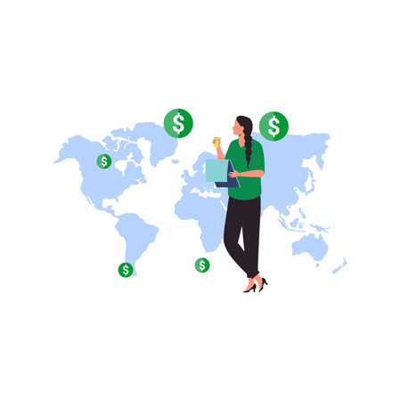 Girl is looking at global money transfer.のイラスト素材