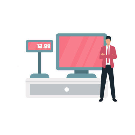 The boy is standing in front of the monitor.のイラスト素材