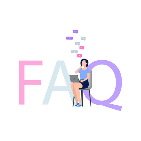 Girl working on laptop on FAQ services.のイラスト素材