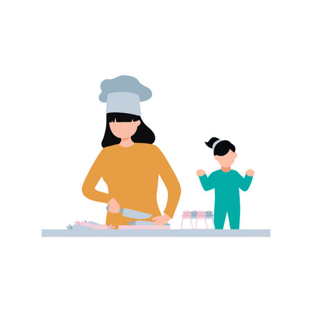 The mother is cutting the vegetables.のイラスト素材