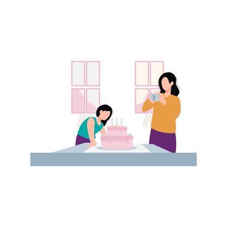 The mother is taking picture of cake.