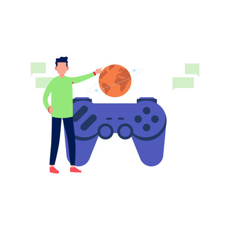 Boy pointing at wireless game controller.