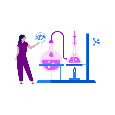 The girl stands by the burner stand in science lab.のイラスト素材