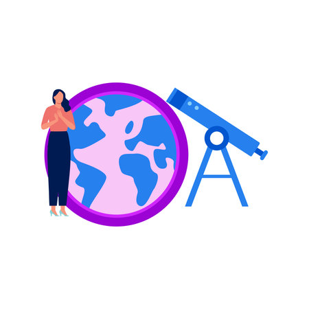 The girl is standing next to the telescope.のイラスト素材