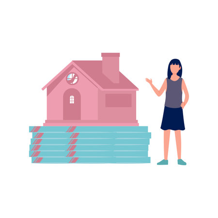 The girl is standing by the house.のイラスト素材