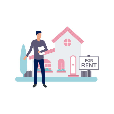 The boy is looking at the house for rent.のイラスト素材