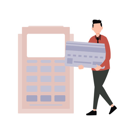 The boy is paying online through edc machine.のイラスト素材