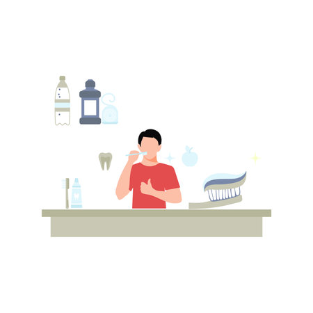 The boy is brushing his teeth.のイラスト素材