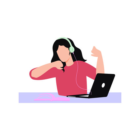 Girl is feeling tired after studying online.のイラスト素材