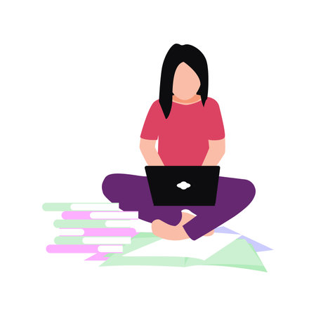 A girl is using a laptop.のイラスト素材