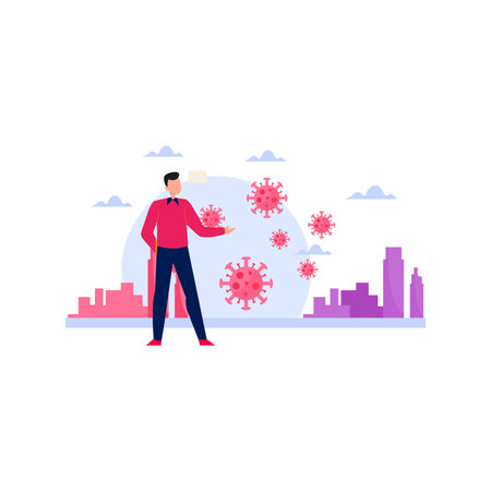 A boy in the city shows the spread of the virus.のイラスト素材