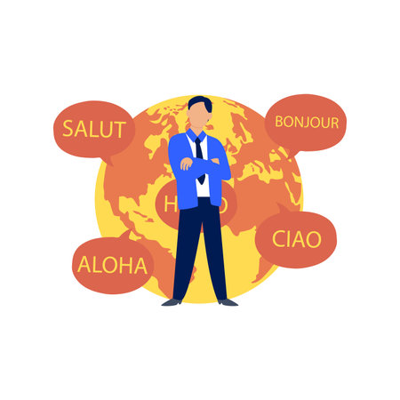 A boy stands in front of the globe.のイラスト素材