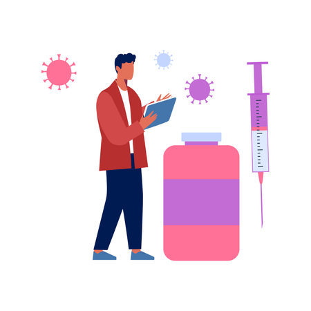 The boy is working on a vaccine to protect against viral germs.のイラスト素材
