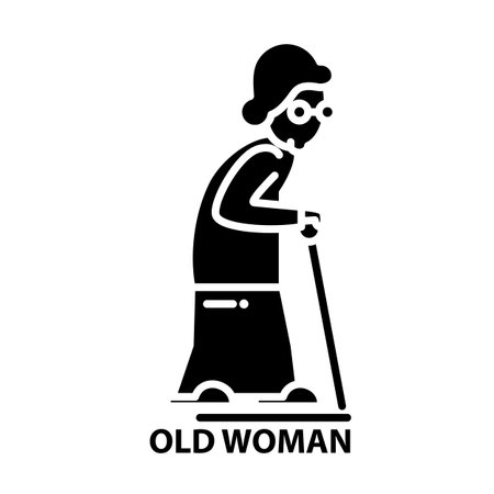 old woman icon, black vector sign with editable strokes, concept illustrationのイラスト素材
