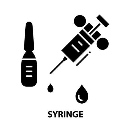 syringe symbol icon, black vector sign with editable strokes, concept illustrationのイラスト素材