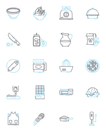 Comfort cooking linear icons set. Warmth, Nourishment, Coziness, Homey, Soothing, Satisfying, Indulgent line vector and concept signs. Relaxing,Comforting,Homestyle outline illustrationsのイラスト素材
