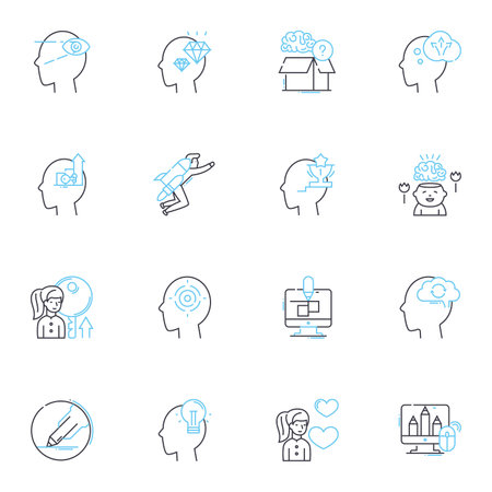 Deliberation linear icons set. Decision, Analysis, Consideration, Discernment, Examination, Reflection, Review line vector and concept signs. Thoughtfulness,Judgment,Assessment outline illustrationsのイラスト素材