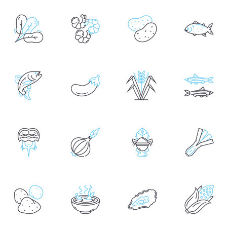 Lovely edible linear icons set. Sweet, Delicious, Yummy, Delectable, Tasty, Scrumptious, Flavorful line vector and concept signs. Heavenly,Divine,Sumptuous outline illustrationsのイラスト素材