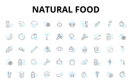 Natural food linear icons set. Organic, Whole, Fresh, Non-GMO, Sustainable, Locally-sourced, Grass-fed vector symbols and line concept signs. Pasture-raised,Clean,Raw illustrationのイラスト素材