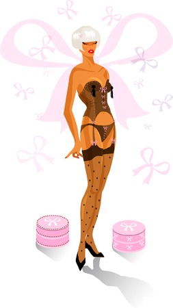 Vector fashion tan sexy woman in lingerie with gift box, pink and black chicのイラスト素材