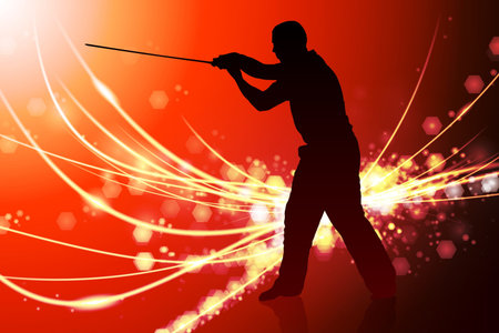 Karate Sensei with Sword on Abstract Light BackgroundOriginal Illustration