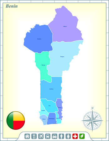 Benin Map with Flag Buttons and Assistance & Activates Iconsのイラスト素材
