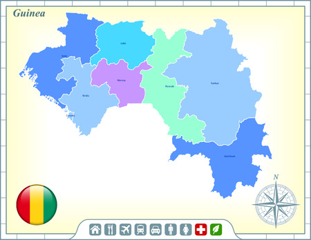 Guinea Map with Flag Buttons and Assistance & Activates Iconsのイラスト素材