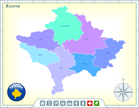 Kosova Map with Flag Buttons and Assistance & Activates Iconsのイラスト素材