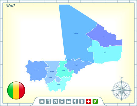 Mali Map with Flag Buttons and Assistance & Activates Iconのイラスト素材