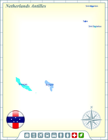 Netherlands Antilles Map with Flag Buttons and Assistance & Activates Iconsのイラスト素材
