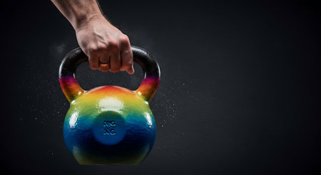 Kettlebell with human hand on it. Mixed media. Mixed mediaの素材