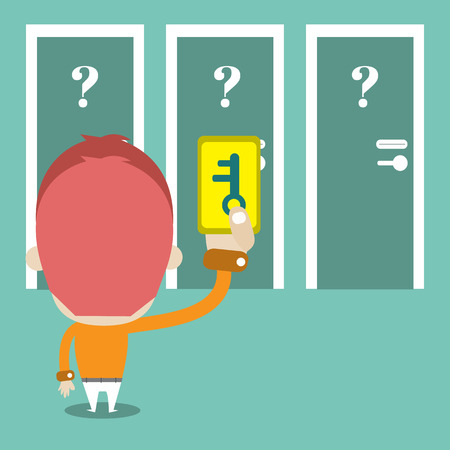 Keycard on hand for choose the right door,Vector cartoon businessのイラスト素材