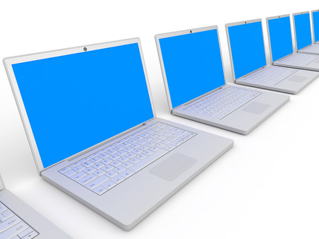 Row of laptops with blue screen on white background. 3D illustration.の写真素材