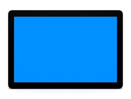 Tablet computer with blue screen on white background. 3D illustration.の写真素材