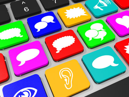 Social media symbols key on keyboard of laptop computer. 3D illustration.