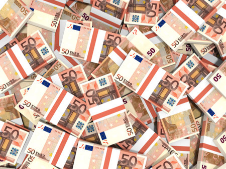 Fifty euro banknotes background. 3D illustration.