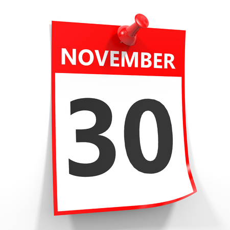 30 november calendar sheet with red pin on white background. Illustration.の写真素材