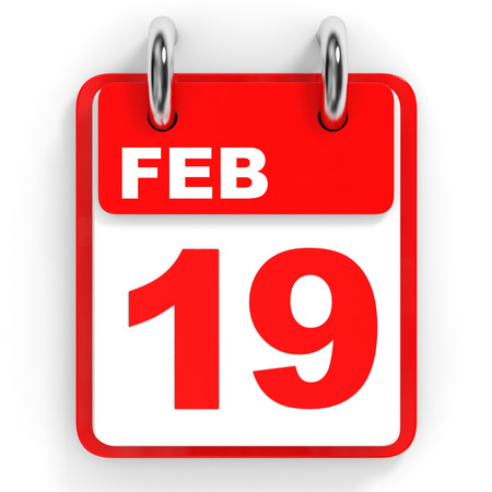 Calendar on white background. 19 February. 3D illustration.の写真素材