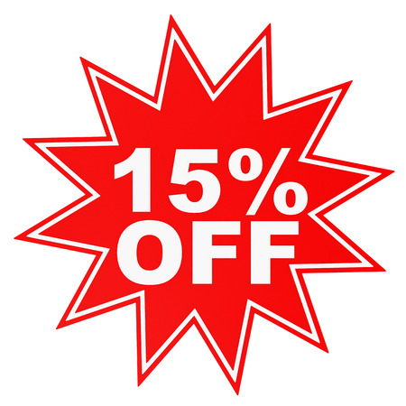 Discount 15 percent off. 3D illustration on white background.の写真素材