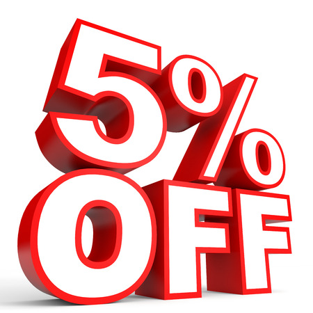 Discount 5 percent off. 3D illustration on white background.の写真素材