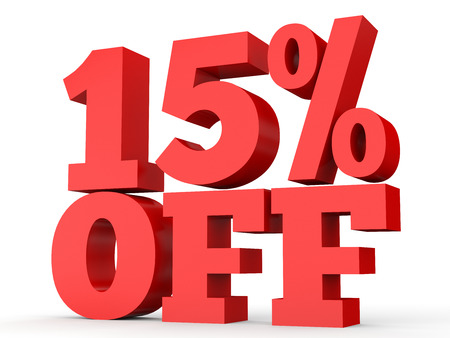 Fifteen percent off. Discount 15 %. 3D illustration on white background.の写真素材
